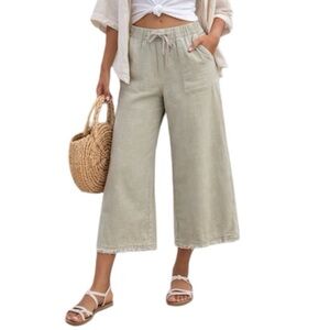 Tread & Supply Linen Pants Wide-Leg Cropped Blend Medium Sage Green Relaxed Fit